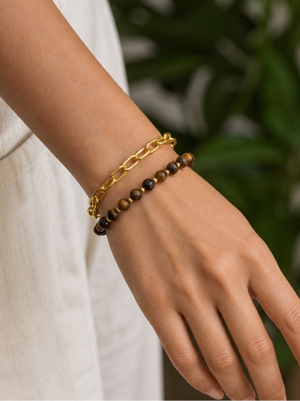 2 Pcs | 18K Gold Plated Tiger Eye Beaded Bracelet Set